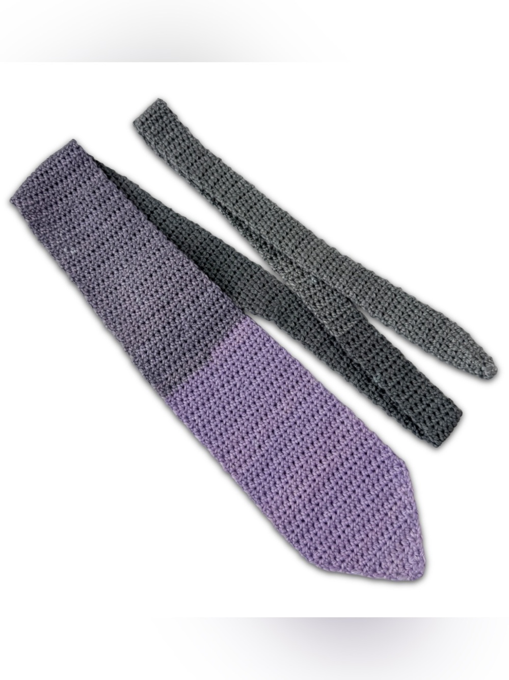 Mens Crochet Knit Neck Tie Purple Gray 57” Long 3.5” Wide 100% Cotton Hand Made‎